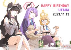 Rule 34 | 3girls, ^ ^, absurdres, ahoge, animal ears, apron, between breasts, black dress, black hair, blonde hair, blue archive, blue necktie, blurry, blurry foreground, breasts, cake, cake slice, can, center opening, character name, cleavage, closed eyes, collar, collared shirt, dated, dirty, dirty clothes, dirty face, dog ears, dog girl, dog tail, dress, drink can, feet out of frame, fishnet pantyhose, fishnets, floating headgear, food, fork, glasses, goggles, goggles on head, grey shirt, hair bobbles, hair ornament, halo, happy birthday, hariyaa, headgear, hibiki (blue archive), highres, holding, holding food, holding plate, kotori (blue archive), long hair, messy hair, multiple girls, necktie, necktie between breasts, off-shoulder shirt, off shoulder, open mouth, pantyhose, pizza, pizza box, plate, purple eyes, purple hair, semi-rimless eyewear, shirt, short hair, sitting, skirt, sleeves rolled up, small breasts, smile, soda can, sweater vest, tail, torn clothes, torn pantyhose, utaha (blue archive), utensil in mouth, white shirt, white skirt