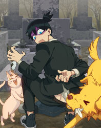 Rule 34 | 1girl, 2boys, absurdres, aisendraw, animalization, black footwear, black hair, black pants, blue eyes, cat, chainsaw man, closed eyes, clothes pull, collared shirt, denji (chainsaw man), dog, fangs, formal, graveyard, hayakawa aki, highres, jacket, looking at another, looking back, multiple boys, open mouth, pants, power (chainsaw man), shirt, shirt tucked in, short hair, squatting, suit, suit jacket, topknot, turn pale, white shirt