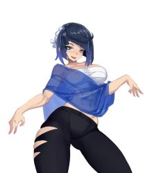 Rule 34 | 1girl, :d, bandages, black pants, blue hair, blunt bangs, bob cut, breasts, chest sarashi, cleavage, commentary, cosplay, cowboy shot, genshin impact, green eyes, large breasts, leggings, little123blood, looking at viewer, midriff, navel, nintendo, open mouth, pants, sarashi, shiver (splatoon), shiver (splatoon) (cosplay), short hair, smile, solo, splatoon (series), standing, stomach, strapless, thighs, tube top, yelan (genshin impact)