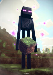 Rule 34 | artist name, black skin, block (object), blue sky, cloud, colored skin, creature, day, dirt, enderman, full body, glowing, glowing eyes, grass, holding, k-suwabe, looking ahead, minecraft, monster, no humans, no mouth, outdoors, purple eyes, sky, solo, standing
