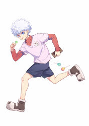 Rule 34 | 1boy, blue eyes, blue shorts, brown footwear, candy, chocolate, chocolate bar, commentary request, dated commentary, food, from side, full body, hair between eyes, hand up, holding, holding candy, holding food, holding lollipop, hunter x hunter, kariki hajime, killua zoldyck, layered sleeves, leg up, lollipop, long sleeves, looking at viewer, looking to the side, male focus, messy hair, purple shirt, red shirt, running, shirt, shoes, short over long sleeves, short sleeves, shorts, simple background, sneakers, solo, spiked hair, tongue, tongue out, white background, white hair