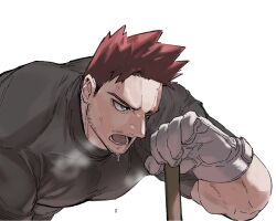Rule 34 | 1boy, alternate costume, ass, bara, baseball, baseball bat, baseball uniform, blue eyes, boku no hero academia, compression shirt, endeavor (boku no hero academia), facial hair, gloves, hand on own hip, highres, large hands, leaning forward, leather, leather belt, male focus, mature male, migi (mm86262394), muscular, muscular male, pants, red hair, scar, scar on face, short hair, simple background, solo, spiked hair, sportswear, stubble, sweat, thick thighs, thighs, tight clothes, white background