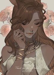 Rule 34 | 1girl, absurdres, animal ears, bare shoulders, bracelet, brown hair, closed eyes, commission, dark-skinned female, dark skin, dated, facial mark, facing viewer, final fantasy, final fantasy xiv, floral background, go e 0000, highres, jewelry, lips, long hair, mole, mole under eye, nose piercing, piercing, rabbit ears, skeb commission, solo, twitter username, upper body, viera, warrior of light (ff14)