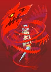 Rule 34 | 1girl, 2019, blood, blood on breasts, blood on face, closed mouth, collarbone, dragon: marked for death, empress (dmfd), gradient background, headpiece, highres, holding, holding sword, holding weapon, navel, nude, orange eyes, short hair, signature, solo, standing, sword, tomycase, weapon, white hair, yellow eyes