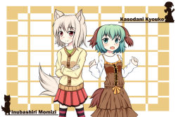 Rule 34 | 2girls, animal ears, arms up, brown dress, buttons, character name, checkered background, clenched hands, contemporary, crossed arms, dress, glance1109, green eyes, green hair, inubashiri momiji, kasodani kyouko, layered dress, long sleeves, looking at viewer, looking away, multiple girls, open mouth, pink hair, pleated skirt, short hair, silhouette, simple background, skirt, smile, striped clothes, striped legwear, striped thighhighs, sweater, tail, thighhighs, touhou, wolf ears, wolf tail, zettai ryouiki