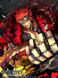 Rule 34 | 1boy, clenched teeth, coat, commentary request, english text, eustass kid, fur coat, goggles, goggles on head, male focus, mechanical arms, nijihayashi, official art, one piece, one piece card game, red hair, scar, scar across eye, scar on face, short hair, single mechanical arm, smile, solo, teeth, translation request