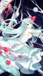 Rule 34 | 1girl, alternate costume, bad id, bad pixiv id, branch, dress, ex-keine, fancybetty, flower, full moon, gloves, green hair, highres, horns, kamishirasawa keine, long hair, looking at viewer, moon, night, polearm, red eyes, scroll, solo, spear, tail, touhou, tree, weapon, white dress