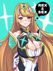 Rule 34 | 1girl, armor, blonde hair, blush, breasts, cleavage, closed mouth, dress, earrings, elbow gloves, gem, gloves, green background, hair ornament, jewelry, large breasts, long hair, mythra (xenoblade), nintendo, shoulder armor, simple background, smile, solo, text messaging, tsujizen, very long hair, xenoblade chronicles (series), xenoblade chronicles 2, yellow eyes