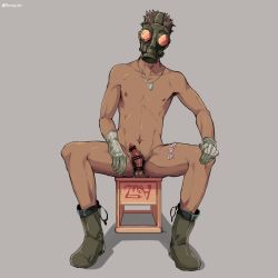 Rule 34 | 1boy, arima (arima bn), body hair, boots, censored, character request, condom, copyright request, erection, gloves, highres, male focus, mask, nude, penis, sitting, solo, testicles