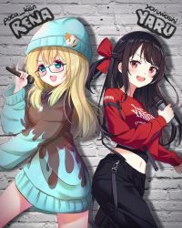 Rule 34 | 2girls, black hair, blonde hair, blue eyes, bow, clothes, crop top, glasses, hair ornament, hat, highres, long hair, long sleeves, microphone, multiple girls, navel, open mouth, original, pants, red eyes, red shirt, shirt, stomach, yaruwashi