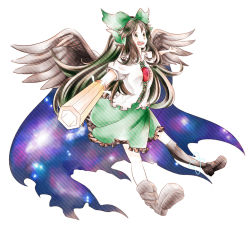 Rule 34 | 1girl, arm cannon, bird wings, black hair, black legwear, black wings, blouse, bow, cape, frilled skirt, frills, green bow, green skirt, hair bow, kokutou-3325, long hair, looking at viewer, open mouth, outstretched arms, red eyes, reiuji utsuho, shirt, short sleeves, skirt, solo, touhou, weapon, white background, wings