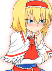 Rule 34 | 1girl, alice margatroid, arm rest, ascot, bad id, bad pixiv id, blonde hair, blue eyes, blush, capelet, dress, eyebrows, finger to mouth, hairband, open mouth, ribbon, short hair, simple background, solo, sumiya nadateru, sweatdrop, touhou, white background