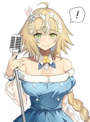 Rule 34 | !, 1girl, ahoge, bad id, bad pixiv id, bare shoulders, blonde hair, blue dress, blush, braid, breasts, buttons, cleavage, closed mouth, detached collar, dress, fate/apocrypha, fate (series), girls&#039; frontline, green eyes, hair between eyes, hair ornament, headpiece, jeanne d&#039;arc (fate), jeanne d&#039;arc (ruler) (fate), large breasts, long braid, long hair, looking at viewer, microphone, official alternate costume, puffy sleeves, see-through, see-through sleeves, single braid, smile, snowflake hair ornament, solo, spoken exclamation mark, suomi (korvatunturi pixie) (girls&#039; frontline), suou-sensei, very long hair, white background
