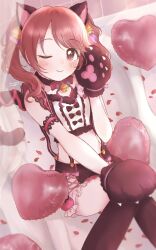 Rule 34 | 1girl, absurdres, aimimc, animal ears, animal hands, armband, balloon, bell, black gloves, black shorts, black thighhighs, blush, bow, bowtie, brown hair, cat ears, chair, choker, commentary, crop top, earrings, flat chest, frilled shorts, frills, fur-trimmed choker, fur-trimmed shirt, fur trim, gloves, hair ribbon, hand on own knee, hand up, heart balloon, highres, idolmaster, idolmaster cinderella girls, idolmaster cinderella girls starlight stage, indoors, jewelry, jingle bell, lace trim, long hair, looking at viewer, one eye closed, paw gloves, petals, pink bow, pink bowtie, red eyes, ribbon, see-through, shiina noriko, shirt, shorts, sitting, smile, solo, suspender shorts, suspenders, thighhighs, thighs, twintails, wavy hair