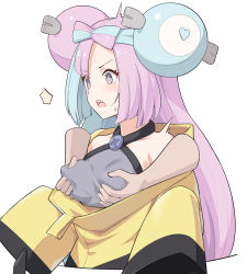 Rule 34 | 1girl, bare shoulders, blue hair, blush, breasts, character hair ornament, collarbone, creatures (company), disembodied limb, game freak, grabbing, grabbing another&#039;s breast, hair ornament, iono (pokemon), jacket, light blue hair, long hair, long sleeves, low twintails, medium breasts, multicolored hair, nintendo, open mouth, pink hair, pokemon, pokemon sv, sharp teeth, shiseki hirame, sleeves past fingers, sleeves past wrists, solo focus, split-color hair, teeth, twintails, white background, yellow jacket