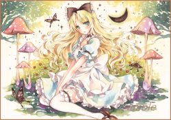 Rule 34 | 1girl, :o, apron, bad id, bad pixiv id, berry, between legs, blonde hair, blue eyes, border, bug, butterfly, choker, colored pencil (medium), crescent moon, dress, frilled skirt, frilled thighhighs, frills, gradient background, hair ribbon, hand between legs, insect, layered dress, long hair, looking at viewer, marker (medium), mary janes, moon, mushroom, original, painting (medium), potto, potto (minntochan), puffy short sleeves, puffy sleeves, ribbon, sample watermark, shoes, short sleeves, sitting, skirt, solo, star (sky), thighhighs, traditional media, v arms, waist apron, wariza, watercolor (medium), watermark, white thighhighs
