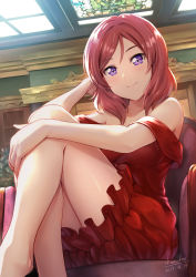 Rule 34 | 1girl, bare shoulders, blush, breasts, chair, crossed legs, dated, dress, highres, hugging own legs, lips, looking at viewer, love live!, love live! school idol festival, love live! school idol project, medium breasts, medium hair, nishikino maki, purple eyes, red dress, red hair, shamakho, signature, sitting, skylight, smile, solo, strapless, strapless dress, swept bangs