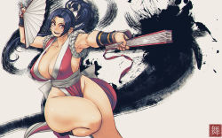 Rule 34 | 1girl, breasts, butcherboy, fatal fury, highres, huge breasts, ponytail, revealing clothes, shiranui mai, snk, solo, the king of fighters