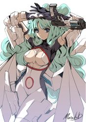 Rule 34 | 1girl, android, aqua hair, arm guards, arms up, black eyes, blue eyes, bodysuit, breasts, cleavage, cleavage cutout, clothing cutout, cowboy shot, elbow gloves, gloves, gun, hair rings, hands on own head, holding, holding gun, holding weapon, joints, long hair, looking at viewer, low wings, mechanical wings, medium breasts, moreshan, navel, navel cutout, original, parted bangs, robot joints, signature, simple background, skin tight, solo, standing, v-shaped eyebrows, very long hair, wavy hair, weapon, white background, wings