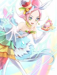 Rule 34 | 1girl, animal ears, bare shoulders, berry, boots, choker, clear glass (mildmild1311), collarbone, commentary request, cure parfait, dress, earrings, elbow gloves, food, food-themed hair ornament, fruit, gloves, hair ornament, headband, highres, horse ears, jewelry, kirakira precure a la mode, kiwi (fruit), leaf, lemon, long hair, open mouth, orange (fruit), outstretched arm, parfait, pearl choker, pearl earrings, pink hair, plate, ponytail, precure, strapless, strapless dress, tail, turquoise dress, white footwear, white gloves, white tail, white wings, wings