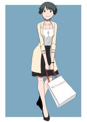 Rule 34 | 10s, 1girl, bag, birii, black eyes, black hair, blue background, casual, collarbone, commentary request, full body, holding, holding bag, jewelry, kantai collection, mogami (kancolle), necklace, shopping bag, short hair, simple background, smile, solo, standing
