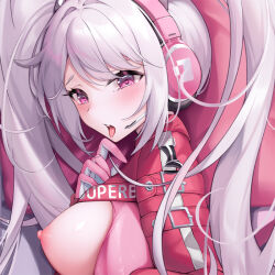 Rule 34 | 1girl, alice (nikke), animal ear headphones, blush, bodysuit, breasts, cropped jacket, fake animal ears, gloves, goddess of victory: nikke, grey hair, hair between eyes, headphones, headset, jacket, large breasts, latex, latex bodysuit, long hair, nipples, o-yatsu, pink bodysuit, pink eyes, pink gloves, red jacket, sidelocks, skin tight, solo, third-party source, twintails, two-tone gloves, white gloves