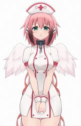 Rule 34 | 1girl, absurdres, blush, breasts, broken, broken chain, chain, collar, commentary request, dress, feathered wings, gradient background, green eyes, grey background, hair between eyes, hat, highres, ikaros, large breasts, long hair, looking at viewer, metal collar, nurse, nurse cap, parted lips, pink hair, puffy short sleeves, puffy sleeves, robot ears, short sleeves, solo, sora no otoshimono, white background, white dress, white hat, white wings, wings, wrist cuffs, ying jing meng