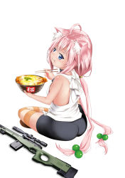 Rule 34 | 1girl, :t, absurdres, ahoge, animal ears, ass, bare arms, bare shoulders, beads, blue eyes, cat ears, child, chopsticks, eating, female focus, food, full body, gibun (sozoshu), gun, hair beads, hair ornament, highres, hinata channel, indian style, long hair, looking at viewer, looking back, low twintails, nekomiya hinata, panties, pink hair, rifle, shirt, shorts, simple background, sitting, sniper rifle, solo, striped clothes, striped thighhighs, thighhighs, twintails, underwear, virtual youtuber, weapon, white background, white panties, white shirt