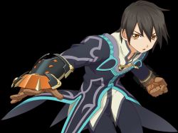 Rule 34 | 1boy, black background, black hair, brown eyes, clenched hand, coat, fighting stance, gloves, jude mathis, male focus, official art, pants, serious, solo, tales of (series), tales of xillia