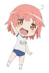 Rule 34 | 1girl, :d, arm up, blue buruma, blush, buruma, chibi, clothes writing, commentary request, fate/kaleid liner prisma illya, fate (series), full body, gym shirt, lowres, name tag, official art, open mouth, orange eyes, pink hair, shirt, short hair, short sleeves, smile, socks, solo, standing, tanaka (fate), waving, white background, white footwear, white shirt, white socks
