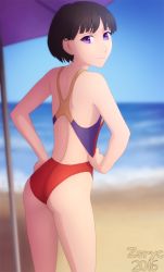 Rule 34 | 1girl, beach, black hair, competition swimsuit, highres, one-piece swimsuit, original, purple eyes, swimsuit, umbrella, zoryc