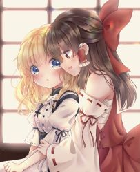 Rule 34 | 2girls, black bow, blonde hair, blue eyes, blush, bow, bowtie, braid, brown hair, buttons, chest sarashi, commentary request, detached sleeves, eye contact, hair bow, hair tubes, hakurei reimu, highres, japanese clothes, kirisame marisa, looking at another, medium hair, miko, mimi89819132, multiple girls, nontraditional miko, open mouth, puffy sleeves, red bow, red eyes, red shirt, red skirt, ribbon-trimmed sleeves, ribbon trim, sarashi, shirt, sidelocks, single braid, skirt, sleeveless, touhou, white bow, white bowtie, yuri