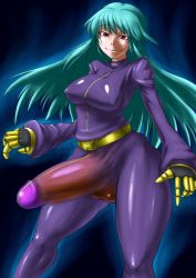 Rule 34 | 1futa, breasts, bulge, covered erect nipples, erection, erection under clothes, futanari, highres, huge penis, impossible clothes, impossible shirt, kula diamond, latex, penis, shirt, skin tight, snk, solo, testicles, the king of fighters, wrong (wrongillust)