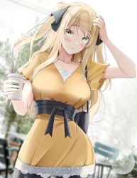 Rule 34 | 1girl, ao no kanata no four rhythm, black leggings, blush, breasts, collarbone, cowboy shot, dress, drink, hand on own head, highres, keenh, large breasts, leggings, long hair, long shirt, looking to the side, outdoors, pantyhose, satouin reiko, short dress, short sleeves, two side up, yellow dress, yellow eyes