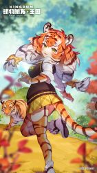 Rule 34 | animal, animal costume, animal ear fluff, animal ears, breast pocket, copyright notice, highres, kemono friends, kemono friends kingdom, looking at viewer, official art, pocket, print thighhighs, siberian tiger (kemono friends), tail, thighhighs, wallpaper