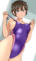 Rule 34 | 1girl, breasts, brown eyes, brown hair, competition swimsuit, dutch angle, one-piece swimsuit, original, short hair, sideboob, smile, solo, strap pull, swimsuit, tanaka rikimaru