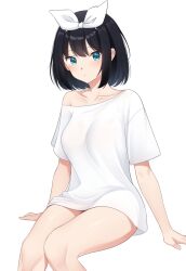 Rule 34 | 1girl, :/, absurdres, arm support, black hair, blush, bow, bow hairband, breasts, closed mouth, collarbone, expressionless, feet out of frame, green eyes, hairband, highres, invisible chair, looking at viewer, medium breasts, no pants, off shoulder, original, shirt, short hair, short sleeves, simple background, sitting, solo, t-shirt, white background, white bow, white hairband, white shirt, zero0ex