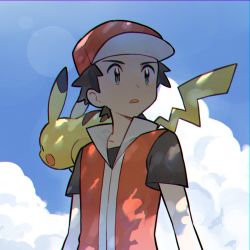 Rule 34 | 1boy, baseball cap, black hair, black shirt, cloud, commentary, creatures (company), day, game freak, gen 1 pokemon, grey eyes, hat, highres, jacket, lens flare, male focus, nintendo, outdoors, pikachu, pokemon, pokemon (creature), pokemon frlg, pokemon on back, rata (m40929), red (pokemon), red headwear, shirt, short hair, short sleeves, sky, symbol-only commentary, t-shirt, upper body