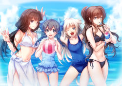 Rule 34 | 4girls, :3, animal ears, bad id, bad pixiv id, ball, beach, beachball, bikini, black eyes, black hair, blue eyes, braid, breasts, brown hair, cat ears, cat tail, cleavage, cloud, day, fang, hair ribbon, highres, karo karo, large breasts, long hair, multiple girls, ocean, one eye closed, original, outdoors, ponytail, ribbon, sarong, sky, small breasts, smile, swimsuit, tail, twin braids, twintails, water, white hair, wink