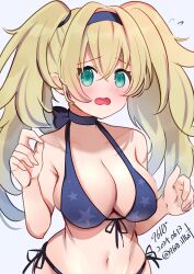 Rule 34 | 1girl, 9610 (kuroto), alternate costume, bikini, blonde hair, blue bikini, blue eyes, blush, breasts, dated, embarrassed, gambier bay (kancolle), hair between eyes, hairband, highres, kantai collection, large breasts, long hair, navel, open mouth, starry sky print, swimsuit, twintails, twitter username, upper body, wavy mouth