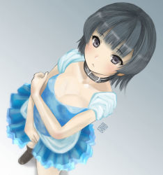 Rule 34 | 10s, 1girl, alternate costume, arare (kancolle), black hair, blue dress, breasts, chestnut mouth, cleavage, cloritin, collar, dress, grey eyes, kantai collection, lips, looking at viewer, looking up, short hair, short sleeves, small breasts, solo