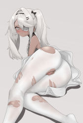 Rule 34 | 1girl, ass, blush, bow, braid, breasts, closed mouth, dark-skinned female, dark skin, dress, eyepatch, feet out of frame, from side, girls&#039; frontline, grey eyes, grey hair, hair bow, hair ornament, hairband, hairclip, hands on floor, highres, hs.50 (girls&#039; frontline), kidzuchi, legs, long hair, looking at viewer, on floor, pantyhose, pussy, small breasts, solo, sweatdrop, thighs, torn clothes, torn pantyhose, twintails, white background, white dress, white pantyhose