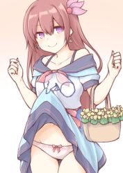 Rule 34 | 1girl, 1other, akara kai, basket, blue skirt, brown hair, collarbone, commentary request, commission, cowboy shot, disembodied hand, flower, groin, hair ornament, highres, kantai collection, kisaragi (kancolle), long hair, looking at viewer, official alternate costume, panties, pink panties, purple eyes, shirt, skirt, smile, thigh gap, underwear, w arms, white shirt