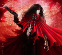 Rule 34 | 1990s (style), 1boy, artist request, black hair, cape, final fantasy, final fantasy vii, gauntlets, glowing, glowing eyes, gun, headband, long hair, male focus, red cape, red eyes, solo, torn clothes, vincent valentine, weapon