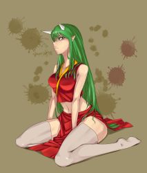 Rule 34 | 1girl, blood, breasts, frown, green hair, highres, horns, japanese clothes, long hair, looking at viewer, mounyuutou, navel, original, pointy ears, red eyes, sitting, solo, thighhighs, very long hair, white thighhighs