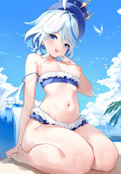 Rule 34 | 1girl, :d, absurdres, ahoge, beach, bikini, bikini pull, blue bikini, blue eyes, blue hair, blue sky, breasts, clothes pull, drop-shaped pupils, finger to mouth, furina (genshin impact), genshin impact, hair between eyes, hat, heterochromia, hiaoba, highres, long hair, looking at viewer, medium breasts, mismatched pupils, multicolored hair, navel, nipples, open mouth, outdoors, seiza, sitting, sky, smile, solo, swimsuit, symbol-shaped pupils, teeth, thighs, top hat, two-tone bikini, upper teeth only, white bikini, white hair