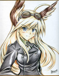 Rule 34 | 1girl, ahoge, blonde hair, blue eyes, goggles, goggles on head, hanna-justina marseille, head wings, jacket, long hair, marker (medium), masana hatuse, military, military uniform, shikishi, solo, strike witches, traditional media, uniform, wings, world witches series