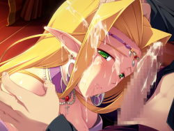Rule 34 | 1girl, blonde hair, blush, breasts, censored, christina rothschild, cross, cross necklace, cum, cum on hair, earrings, elf, embarrassed, erection, facial, game cg, green eyes, himekishi angelica, ishigaki takashi, jewelry, large breasts, long hair, looking at viewer, mature female, mosaic censoring, penis, pointy ears, saliva