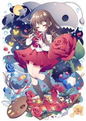 Rule 34 | 1girl, anglerfish, ascot, blush, bow, brown hair, bubble, bug, butterfly, candy, closed eyes, collared shirt, cup, doll, doll (ib), drinking glass, expressionless, fish, flower, food, footwear bow, high heels, holding, holding flower, hyou (pixiv3677917), ib (ib), ib (kouri), insect, jigsaw puzzle, kneehighs, long hair, long sleeves, paint, paintbrush, palette (object), petals, plant, pleated skirt, puzzle, rose, rose petals, shirt, skirt, socks, solo, stuffing, very long hair, vines, wine glass, wrapped candy