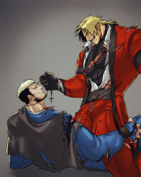 Rule 34 | 2boys, bara, beard, blonde hair, blood, blood on clothes, blood on face, bulge, cross, cross necklace, ear piercing, erection, erection under clothes, eye contact, facial hair, feet out of frame, fishnet sleeves, fishnets, goenitz, highres, jewelry, large pectorals, long hair, long sleeves, looking at another, looking down, male focus, multicolored hair, multiple boys, muscular, muscular male, mustache, necklace, necklace pull, pectorals, penis, penis peek, piercing, priest, rugal bernstein, shirt, short hair, sideburns, smile, snaaaking, straddling, taut clothes, taut shirt, the king of fighters, thick thighs, thighs, torn clothes, torn shirt, two-tone hair, yaoi